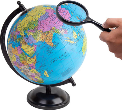 StarTac Educational 8 Inch Globe Black Metal with Magnifying Glass Desk & Table Top Political World Globe(Medium Blue)