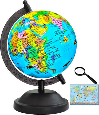 Savy 5 IN Globe+50mm Magnifying Glass+World Map Chart Black Metal Base Monument Ocean for Kids School Office Home Showpiece Table Décor Gift Item Rotating Laminated Political Geography Study World Globe(5 Inch Blue)