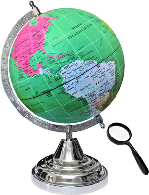 Savy 8 Inch Globe Steel Chrome Metallic Arc Base Colored Map Green Glossy Ocean for Home Showpiece Office Table Décor Gift Item Globe With Magnifying Glass Geography World Globe(8 Inch Diameter Green Glossy)