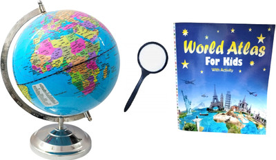 GeoKraft 10Inch Diameter World Globe with Lens and Atlas forKids/OfficeDecor/BirthdayGift Desk & Table top Political World Globe(Large Blue)