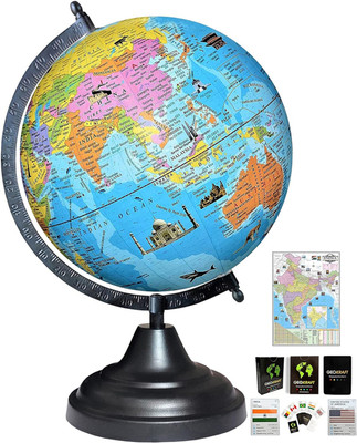 Globella Educational Globe 8 Inch – Includes Trump Cards & India Map Black Arc Base, Multicolor Map, Blue Ocean for Kids School Home Office Laminated Political Geography Study World Globe(8 Inch Blue)
