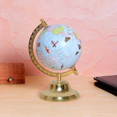 LAO JI HOME Decorative Iron Globe (Light Blue, 6 Inch), 8 Inch Height, Gold-Plated. Desk & Table Top Old World World Globe(Medium Light Blue)