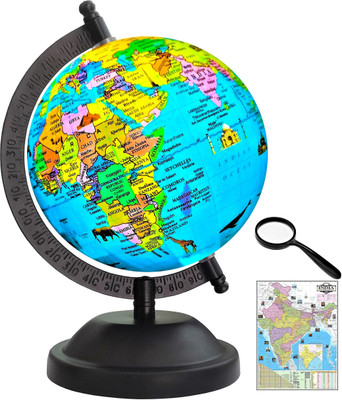 Savy 5 IN Globe+50mm Magnifying Glass+India Map Chart Black Metal Base Monument Ocean for Kids School Office Home Showpiece Table Décor Gift Item Rotating Laminated Political Geography Study World Globe(5 Inch Blue)