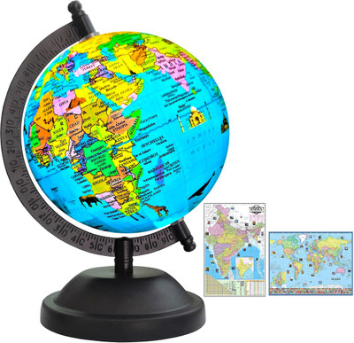 Savy 5 IN Globe+World+India Maps Chart Black Metal Arc Base with Monuments Blue Ocean for Kids School Office Home Showpiece Table Décor Gift Item Rotating Laminated Political Geography Study World Globe(5 Inch Blue)