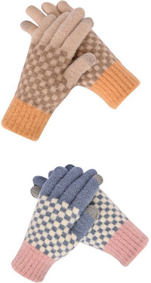 HOC Checkered, Self Design, Printed Winter Women Gloves