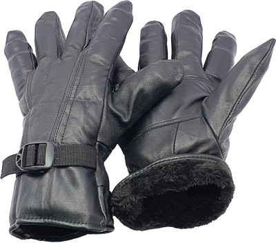 Creekmom Rexine Leather Fur Insulated Winter Motorcycle Bike Riding Glove Riding Gloves(Black)
