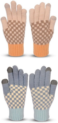 HOC Checkered, Self Design, Printed Winter Women Gloves