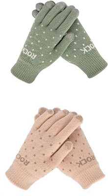 HOC Polka Print, Self Design, Printed Winter Women Gloves