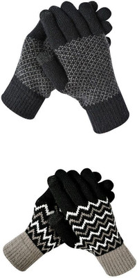 HOC Striped, Self Design, Printed Winter Women Gloves