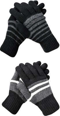 LOOM LEGACY Striped, Self Design, Printed Winter Men Gloves