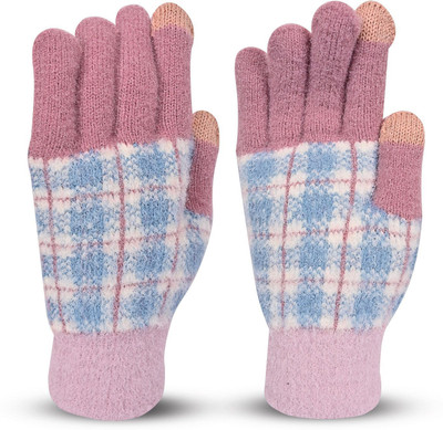 HOC Checkered, Self Design, Printed Winter Women Gloves