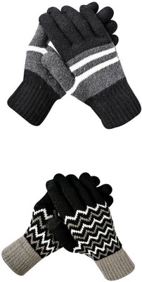 HOC Striped, Self Design, Printed Winter Women Gloves