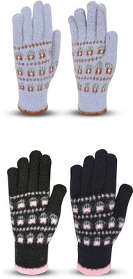 HOC Geometric Print, Self Design, Printed Winter Women Gloves