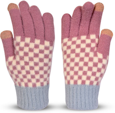 HOC Checkered, Self Design, Printed Winter Women Gloves