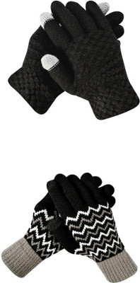 DesoRia Striped, Self Design, Printed Winter Women Gloves