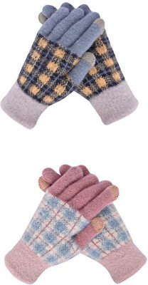 HOC Checkered, Self Design, Printed Winter Women Gloves