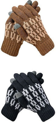 HOC Geometric Print, Self Design, Printed Winter Women Gloves
