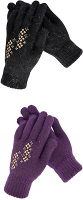 HOC Embellished, Self Design, Printed Winter Women Gloves