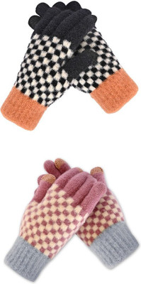 HOC Checkered, Self Design, Printed Winter Women Gloves