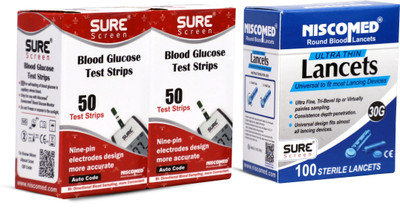 NISCOMED Sure screen Test Glucose (No Glucometer) 100 Round Blood Lancet with 100 Glucometer Strips