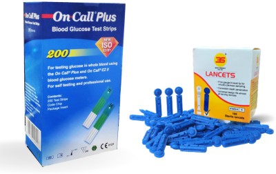 On Call Plus 200 Blood Test Strips (Long Expiry) with 100 pcs Painless 30G Size Round Lancets 200 Glucometer Strips
