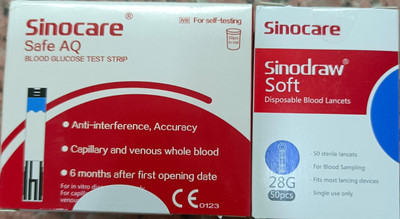 Sinocare Safe AQ 50 Strips With 50 Piece Round Lancets 50 Glucometer Strips