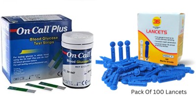 On Call Plus 50 Blood test strips with 100 painless blood lancets - 50 Glucometer Strips