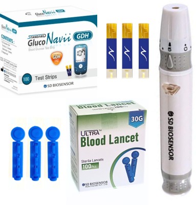 STANDARD GlucoNavii GDH Strips with Ultra Round Lancets 100 & Lancing Device - 100 Glucometer Strips