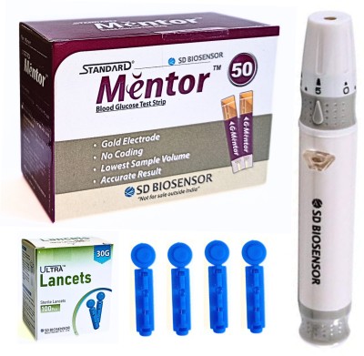 STANDARD Mentor Sugar Check Strips & 100 SD Round Lancet 1 Lancing Device 50 Glucometer Strips