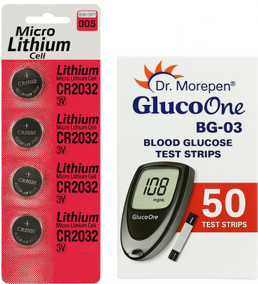 Dr. Morepen BG-03 BATTERY CELL PACK OF 4 WITH SINGLE 50 Glucometer Strips