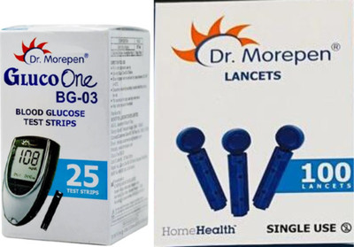 Dr. Morepen bg03 100 round lancets and 25 Glucometer Strips