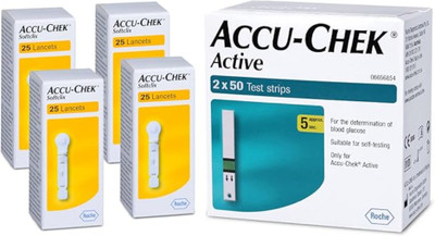 Tcare Accu-Chek Active 100 (50x2) Test Strips + 4 Pack of Softclix Lancet 25 100 Glucometer Strips