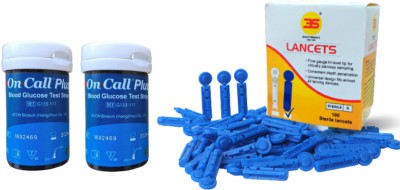 On Call Plus 100 Blood Test Strips (Long Expiry) with 100 Painless Round Lancets- 100 Glucometer Strips