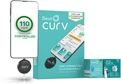 BeatO CURV Smartphone | Sugar Test Machine with 20 Foil Strips & 20 Lancets Glucometer(Black)