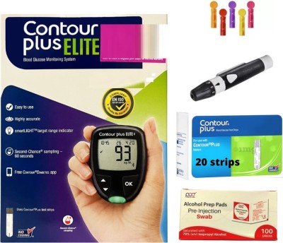 CONTOUR PLUS Elite| Highly accurate |Bluetooth connected |20 free strip |100 Swab box free Glucometer(Black)