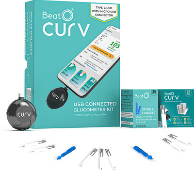 BeatO CURV Smartphone | Sugar Test Machine with 25 Foil Strips & 25 Lancets Glucometer(Black)