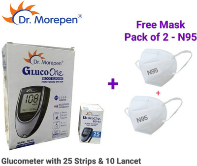 Dr. Morepen Glucometer with 25 Strips and 10 Lancet and Two N95 Mask Glucometer(Grey, Black)