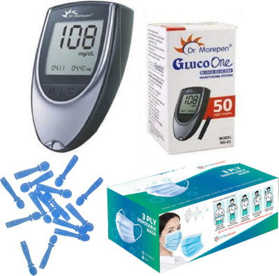 Dr. Morepen Glucometer with 200Strips, 200Accuvet Lancets, 50 Atomshield 3ply mask| Glucometer(Black)