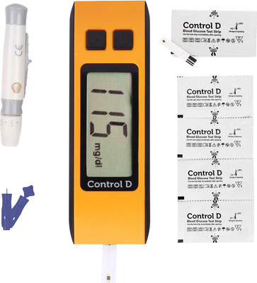 Control D Orange Digital Glucose Blood Sugar Testing Monitor Machine 25 Single Foil Strips Glucometer(Orange, Black)