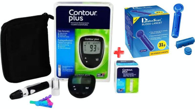 CONTOUR PLUS Glucometer +25 Glucostrip with 100 DiabaScan Round Blood Lancet Glucometer(Black)