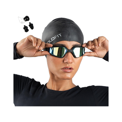 BOLDFIT Swimming Goggles for Adults Airtight Adjustable Strap Ear & Nose Plug Swimming Goggles(Blue, Black)