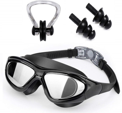 THE MORNING PLAY Big Frame Swim Goggle with 2Earplug 1Noseplug with UV and Anti Fog Protection Swimming Goggles(Black)