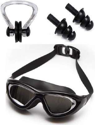THE MORNING PLAY Big Frame 9100 Swim Goggle with 2Earplug 1Noseplug with UV & Anti Fog Protection Swimming Goggles(Black)