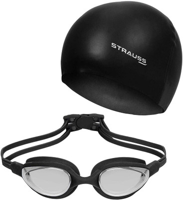 Strauss UV & Anti Fog Protection Swimming Goggles& Swimming cap Swimming Goggles(Black)