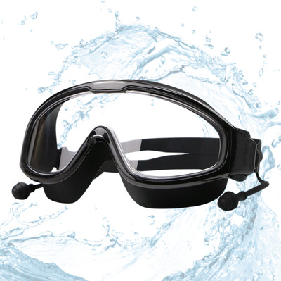 KARBD Swimming Goggles Large Frame Wide View Glasses with Ear Plugs Connected 5+ Years Swimming Goggles(Black)