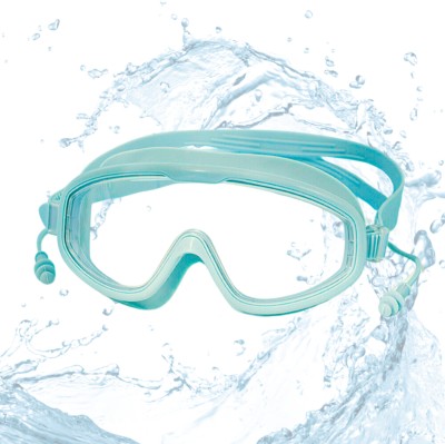 KARBD Swimming Goggles Large Frame Wide View Glasses with Ear Plugs Connected 5+ Years Swimming Goggles(Green, White)