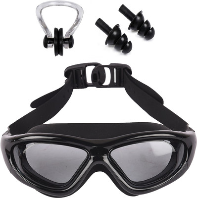 THE MORNING PLAY Big Frame Swim Goggle with 2Earplug 1Noseplug with UV & Anti Fog Protection 9100 Swimming Goggles(Black)