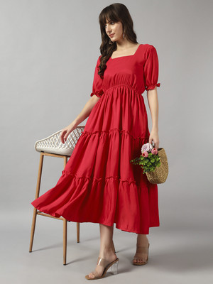 Krunal Raiyani Women Fit and Flare Pink Midi/Calf Length Dress