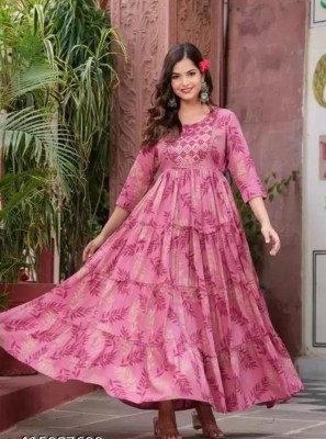 SHANAYAART Women Floral Print Anarkali Kurta(Pink)