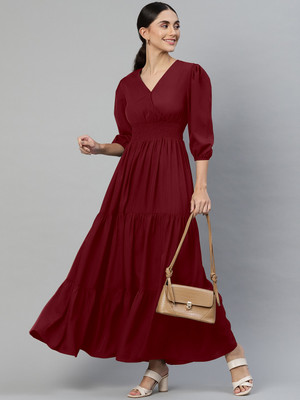 Jash Creation Women Fit and Flare Maroon Maxi/Full Length Dress